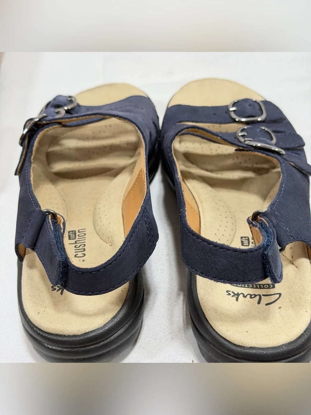 CLARKS Sandal Womens 5 Soft Cushion Buckle Straps Adjust Fit  Blue Suede
